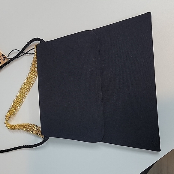 Vintage Kenneth Jay Lane Evening Bag Black Gold Rhinestones Crossbody or clutch - Picture 3 of 16